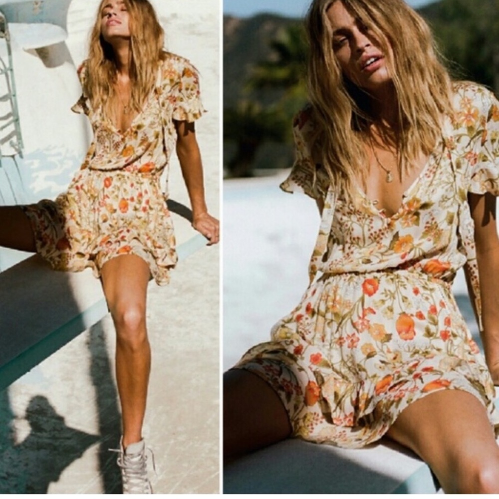 Spell / Sayulita Short Sleeve Frill Mini Dress Sunflower